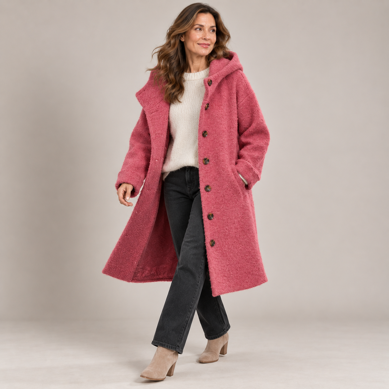 Women's Hooded Winter Coat - Relaxed Button-Front Style