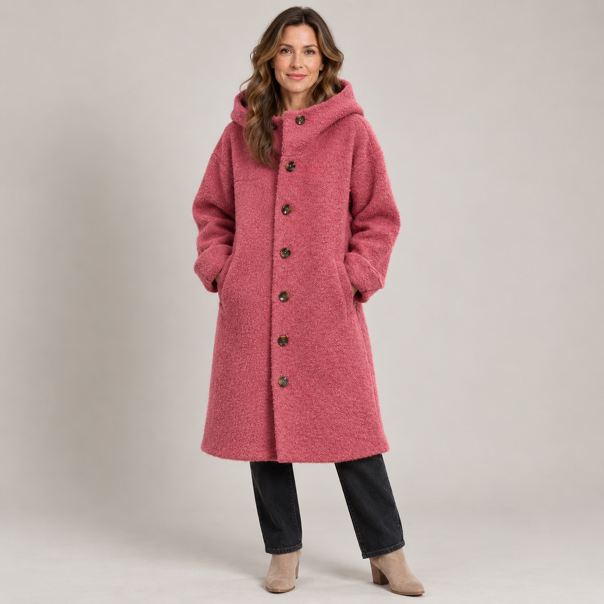 Women's Hooded Winter Coat - Relaxed Button-Front Style