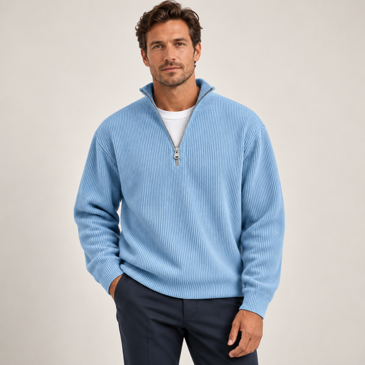 Men's Half-Zip Knitted Jumper - Relaxed Fit