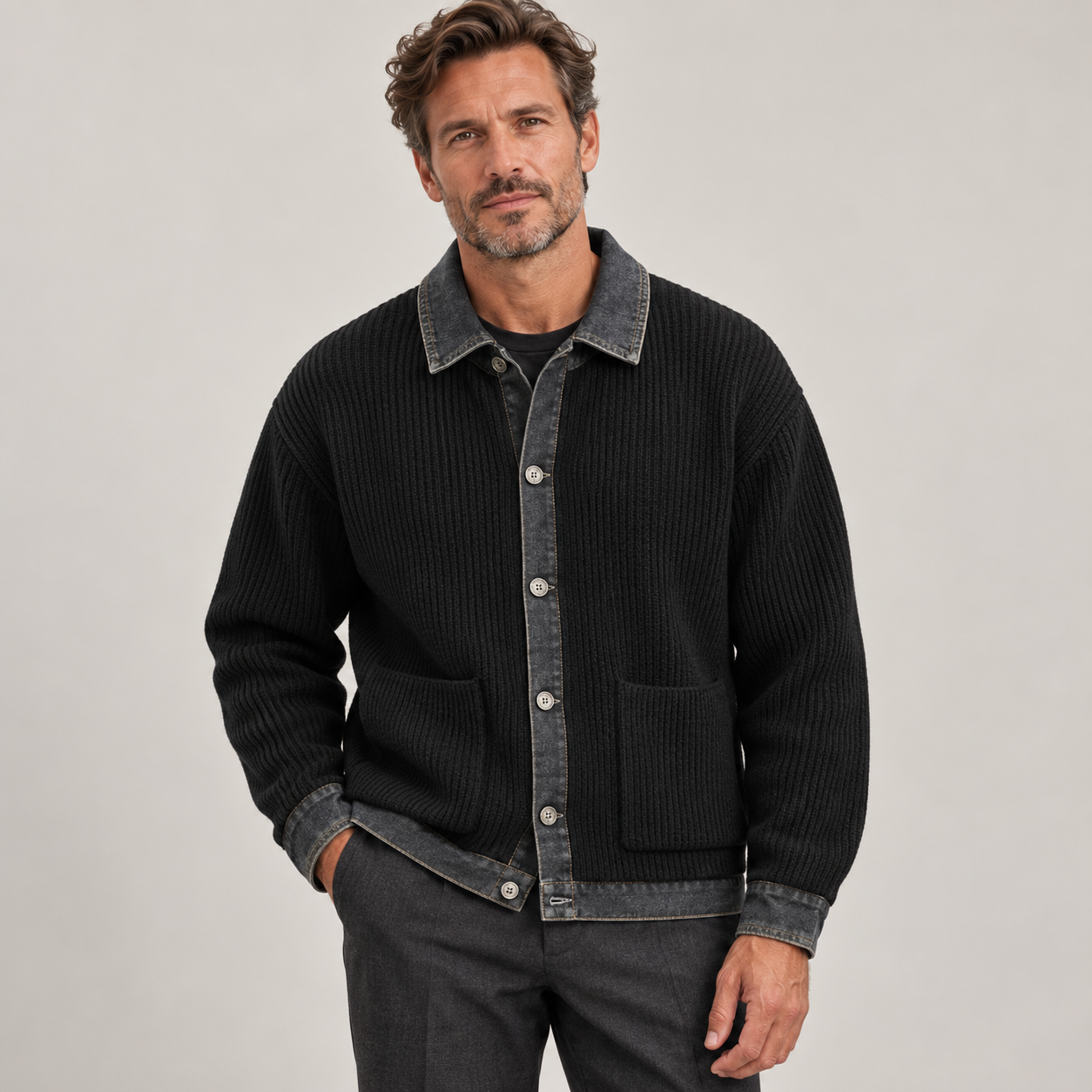 Men's Ribbed Knit Jumper with Denim Details - Relaxed Fit