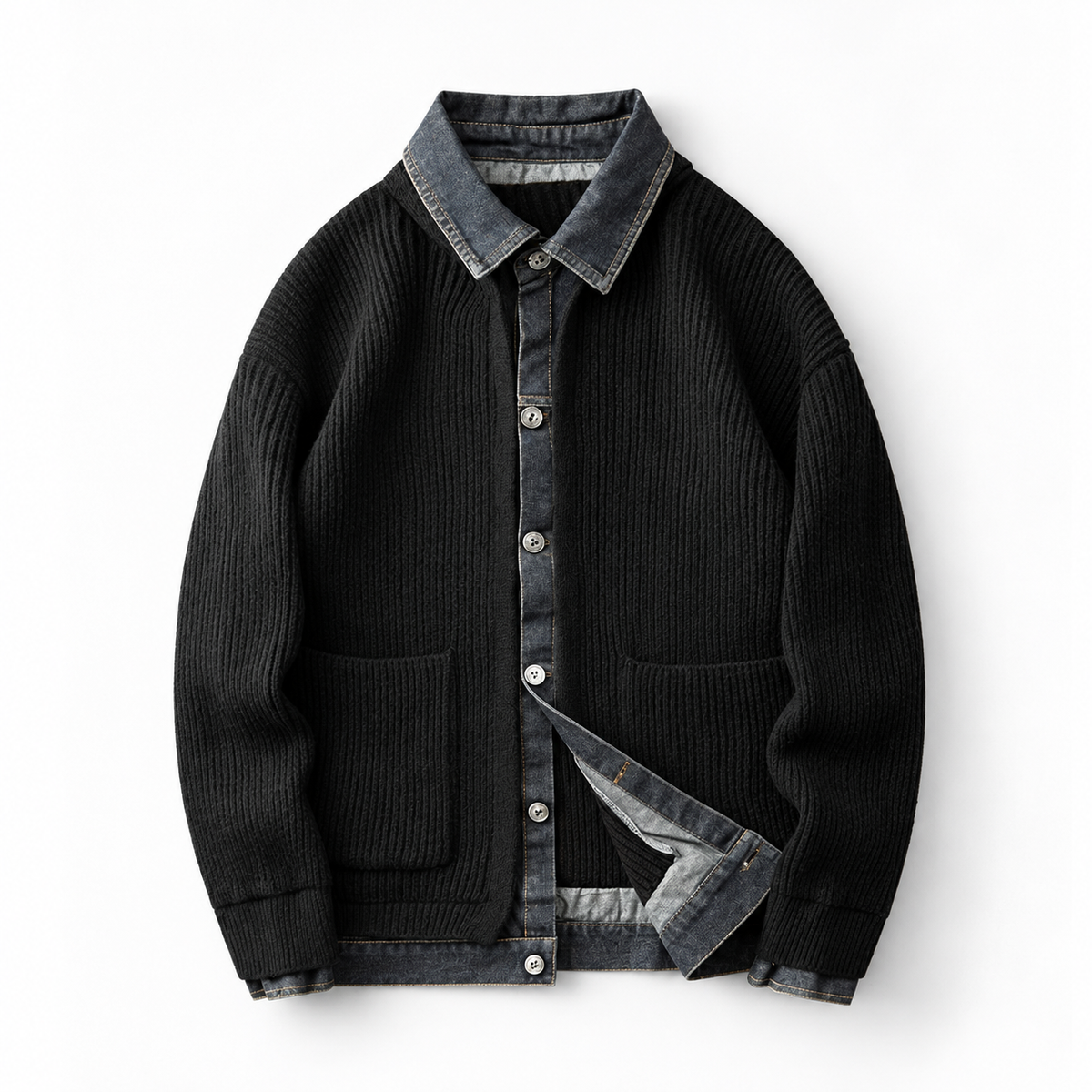 Men's Ribbed Knit Jumper with Denim Details - Relaxed Fit