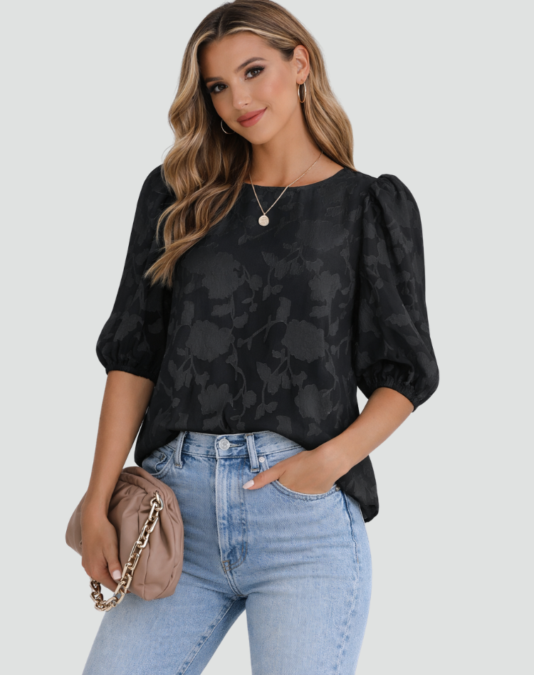 Women's Floral Blouse – 3/4 Puff Sleeve Elegant Design
