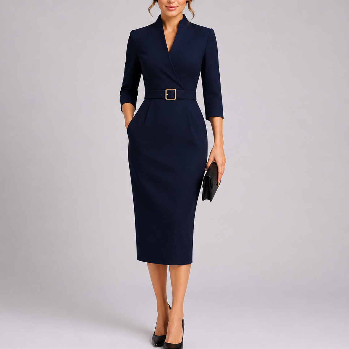 Women's Belted Bodycon Midi Dress – Elegant V-Neck Formal Dress