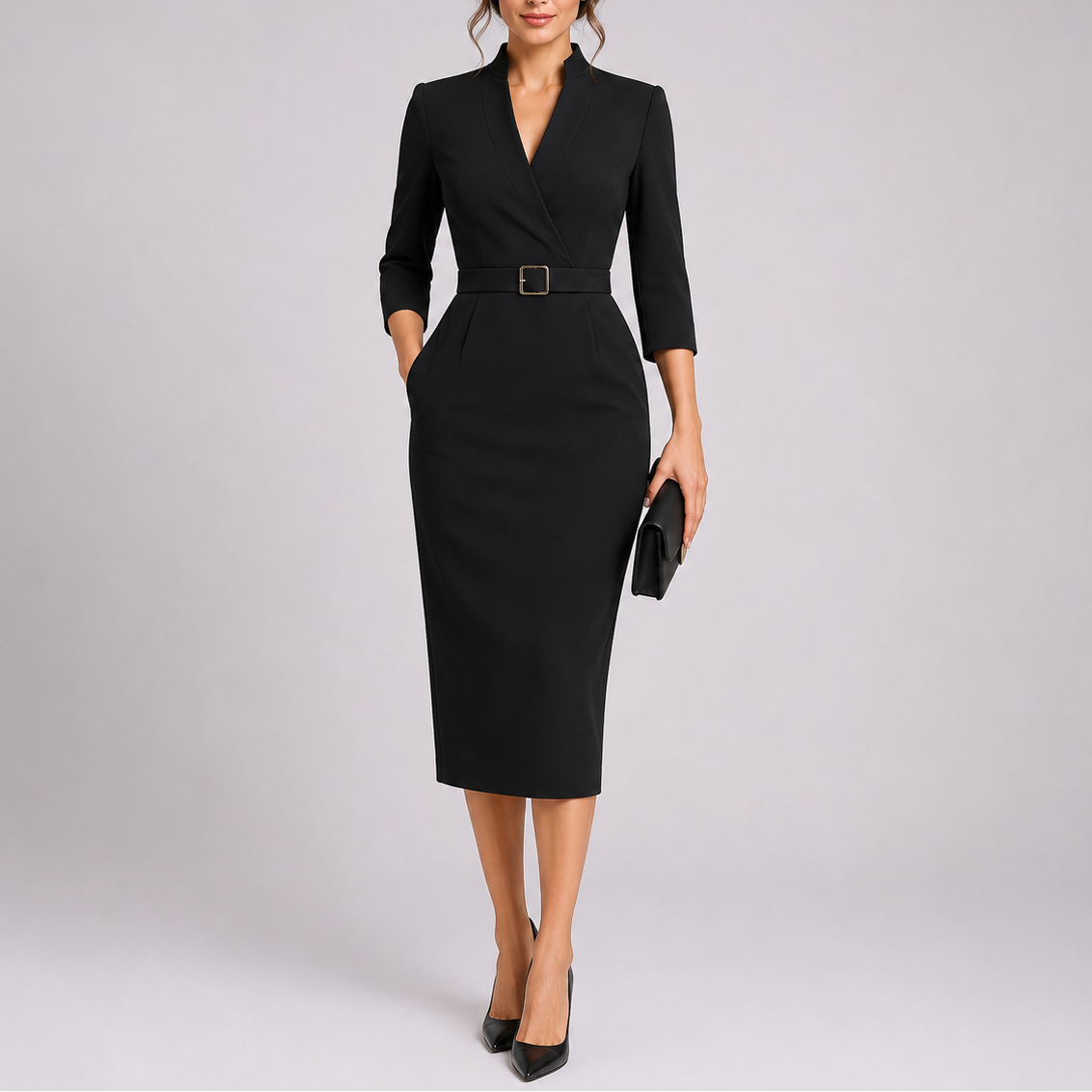 Women's Belted Bodycon Midi Dress – Elegant V-Neck Formal Dress