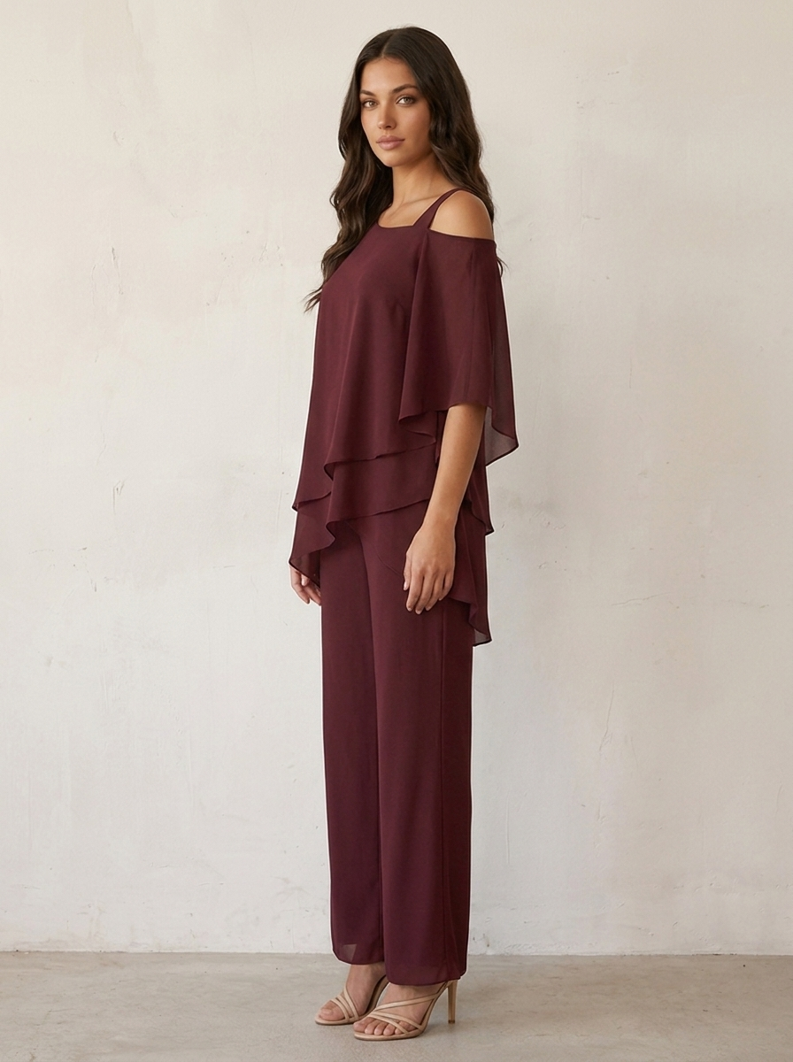 Women's Chiffon Two-Piece Set - Cold-Shoulder Top & Wide-Leg Trousers
