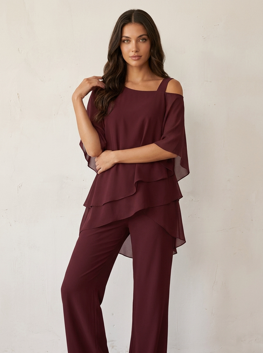 Women's Chiffon Two-Piece Set - Cold-Shoulder Top & Wide-Leg Trousers