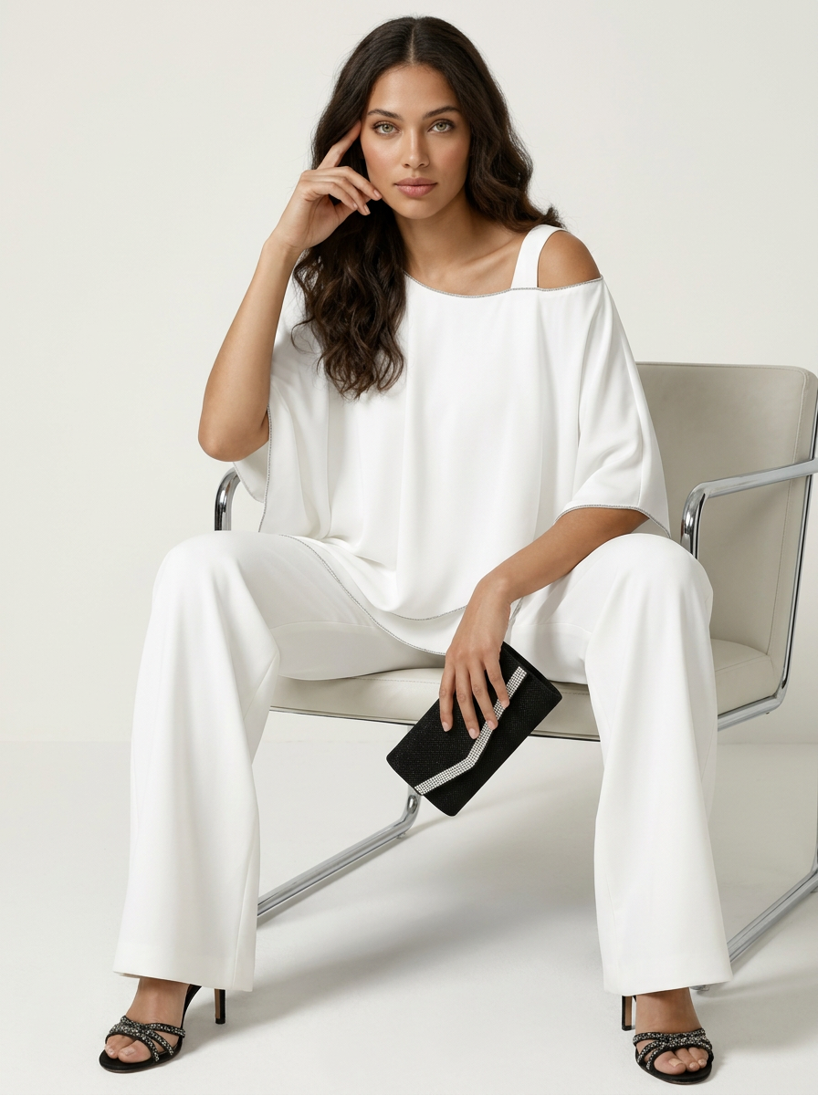 Women's Chiffon Two-Piece Set - Cold-Shoulder Top & Wide-Leg Trousers
