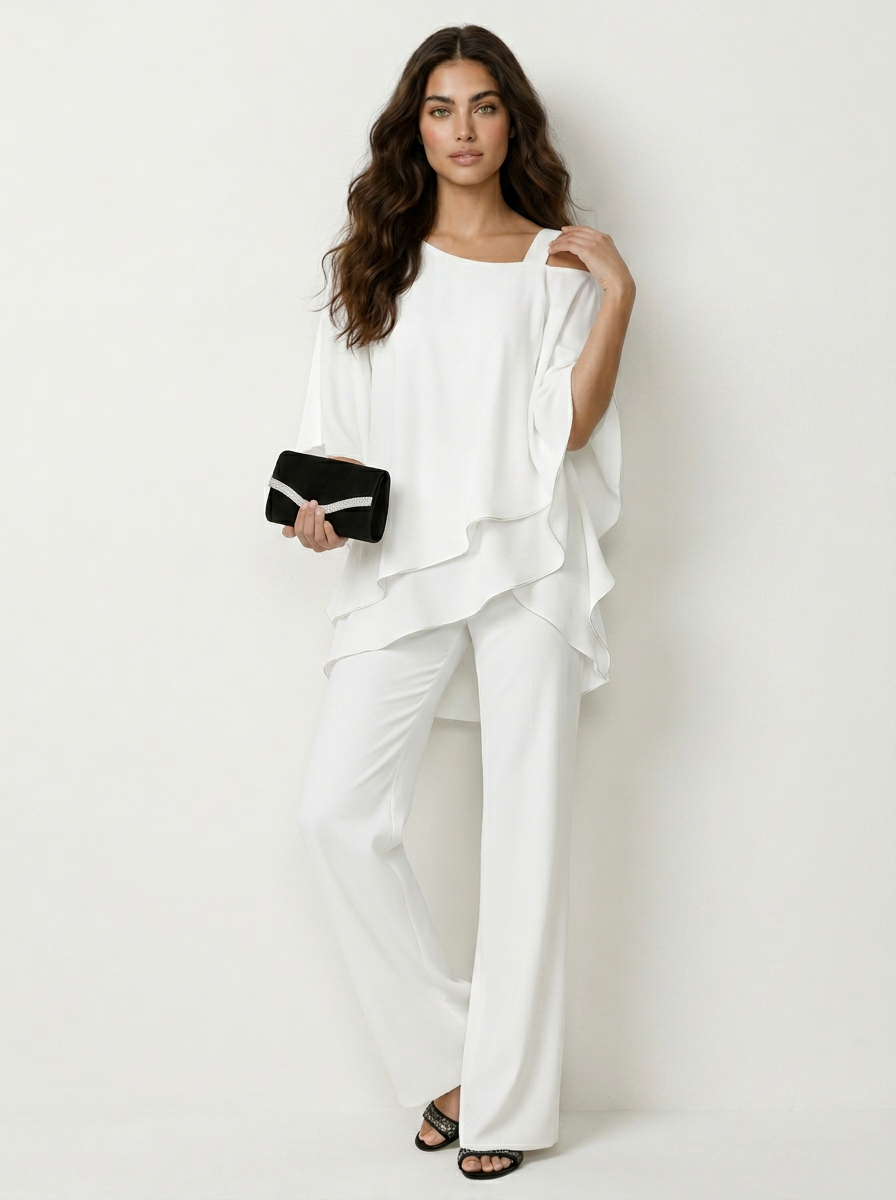 Women's Chiffon Two-Piece Set - Cold-Shoulder Top & Wide-Leg Trousers