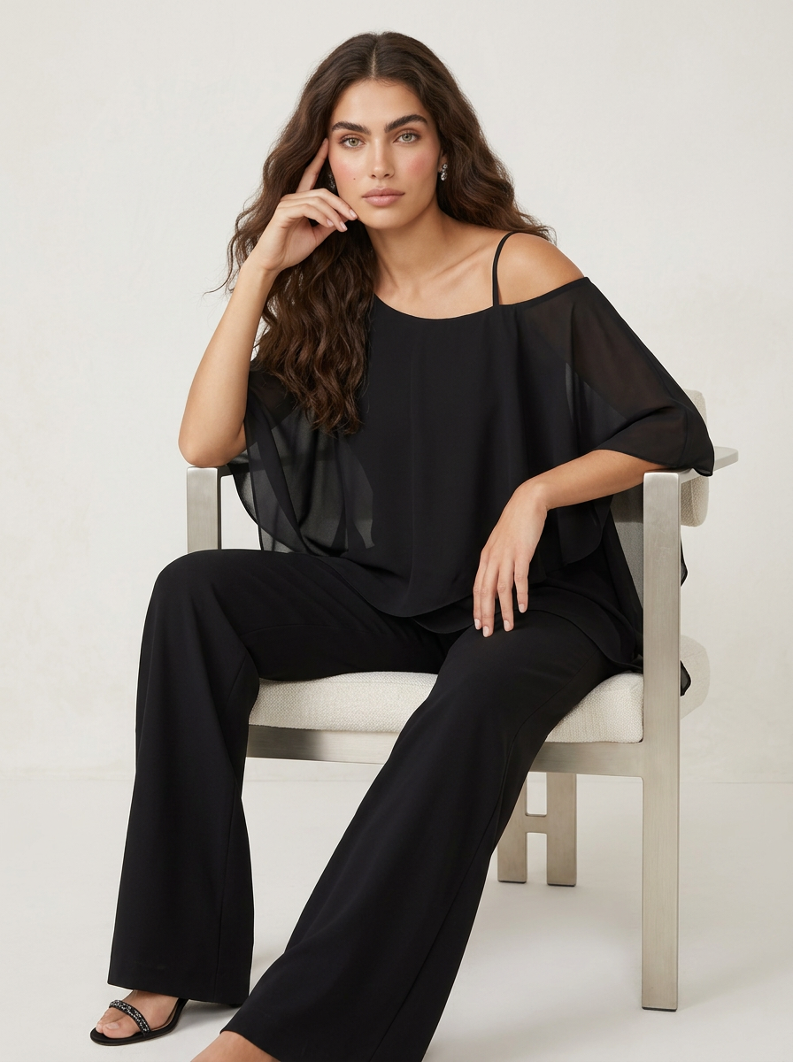Women's Chiffon Two-Piece Set - Cold-Shoulder Top & Wide-Leg Trousers