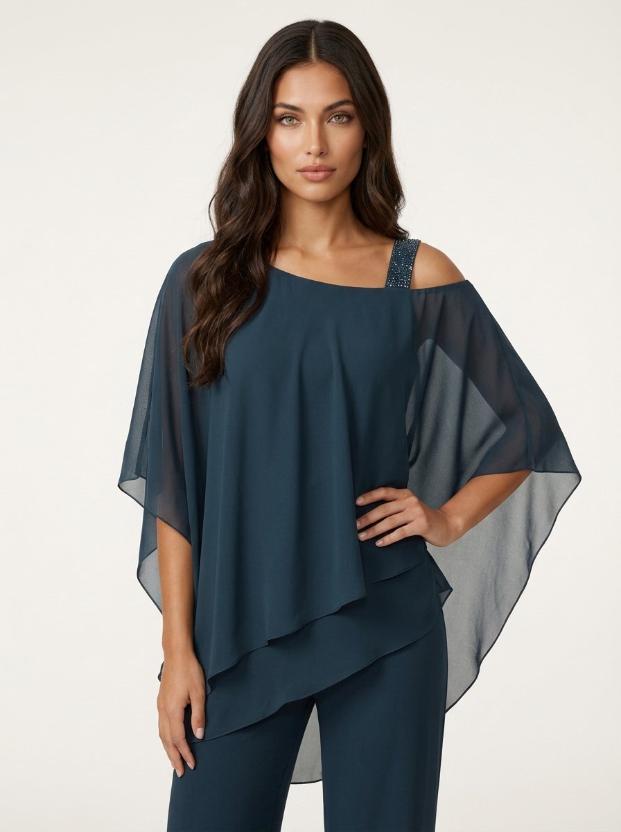 Women's Chiffon Two-Piece Set - Cold-Shoulder Top & Wide-Leg Trousers