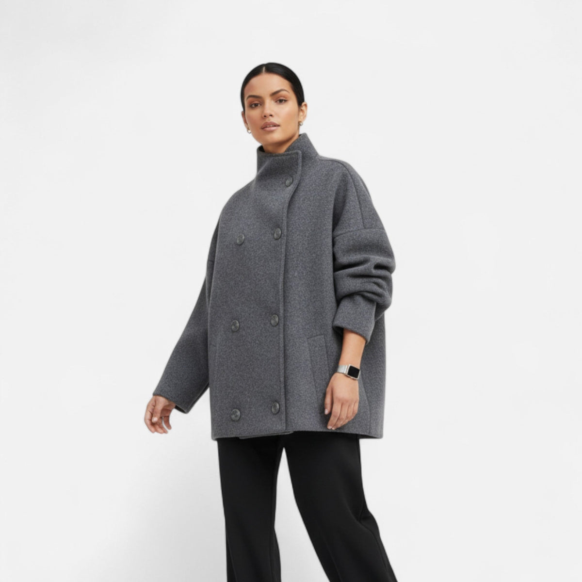 Women's High Collar Short Coat – Double Button Relaxed Design