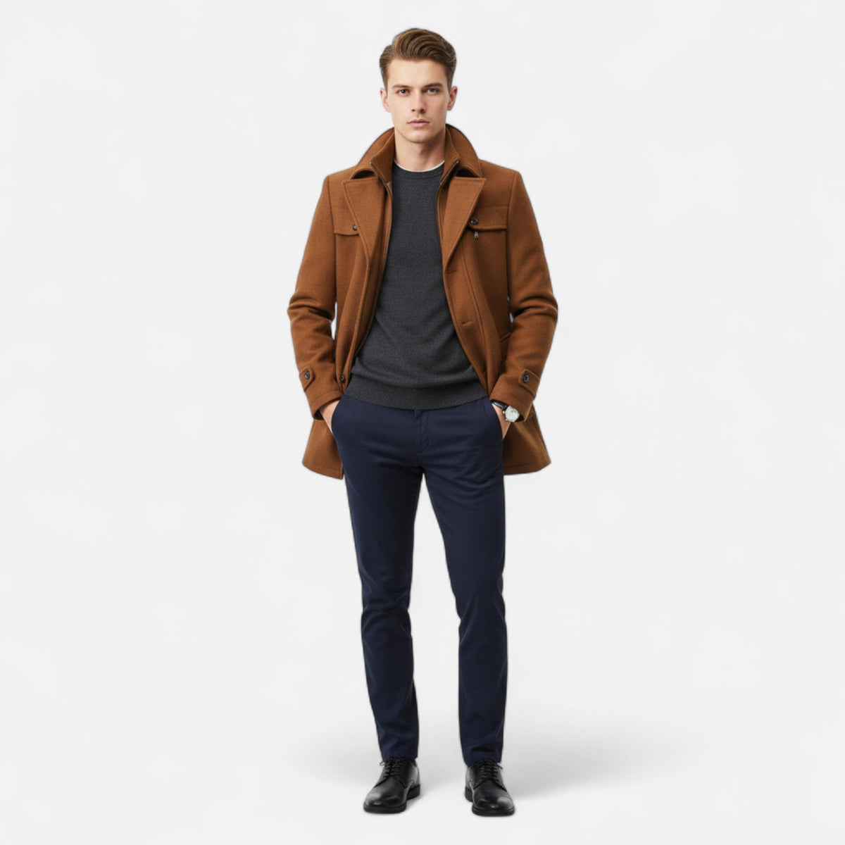 Men's Wool Trench Coat – Double Collar Zip-Up Design