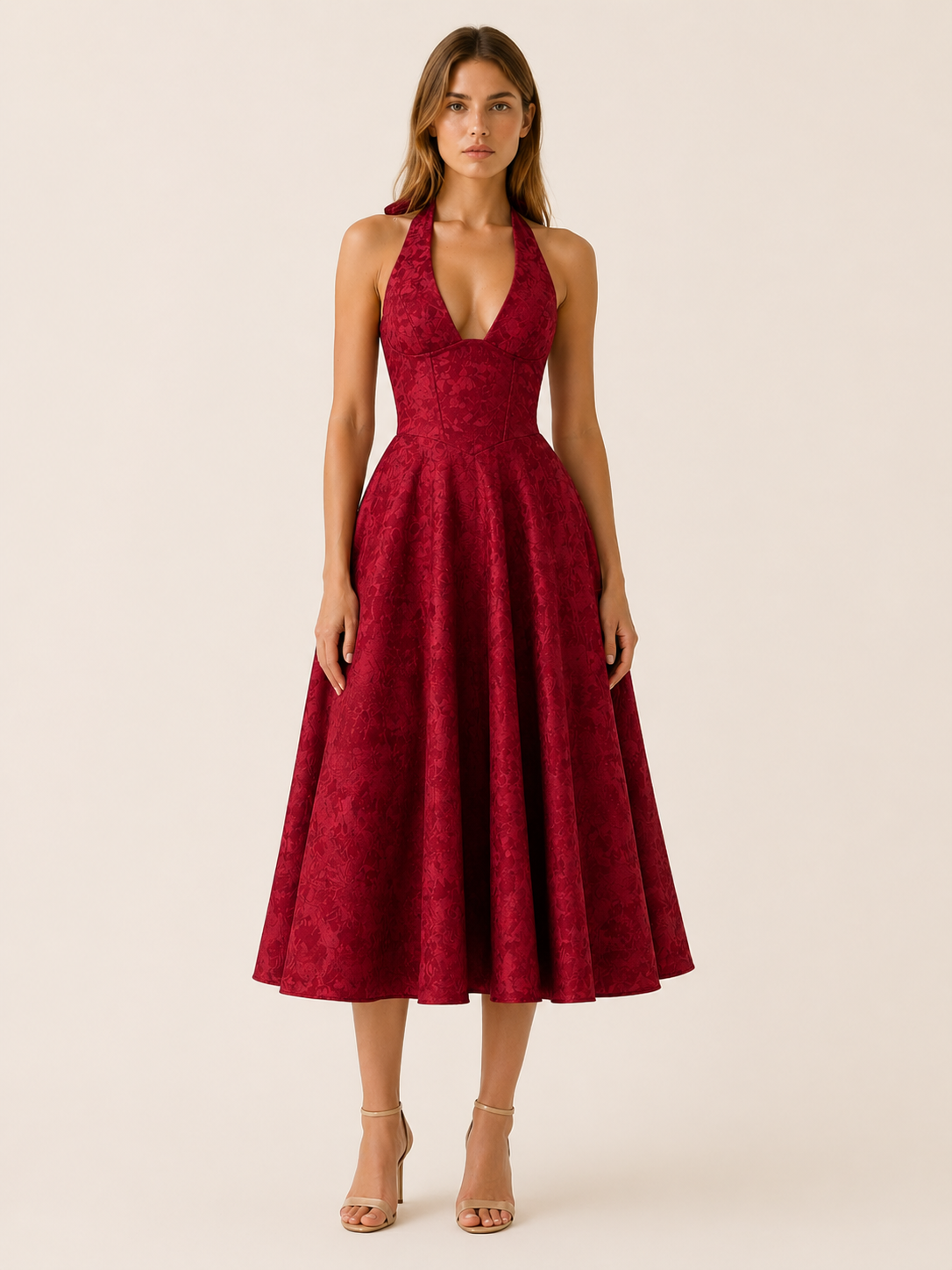 Women's Halter Neck Midi Dress – Corset Bodice & A-Line Skirt