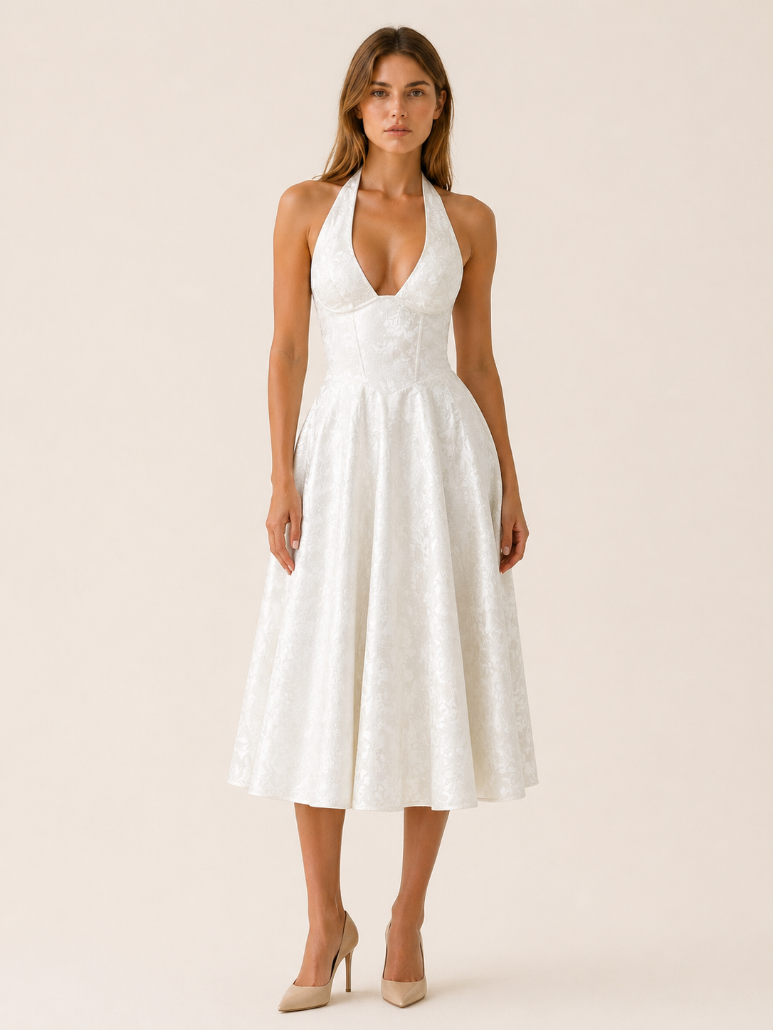 Women's Halter Neck Midi Dress – Corset Bodice & A-Line Skirt