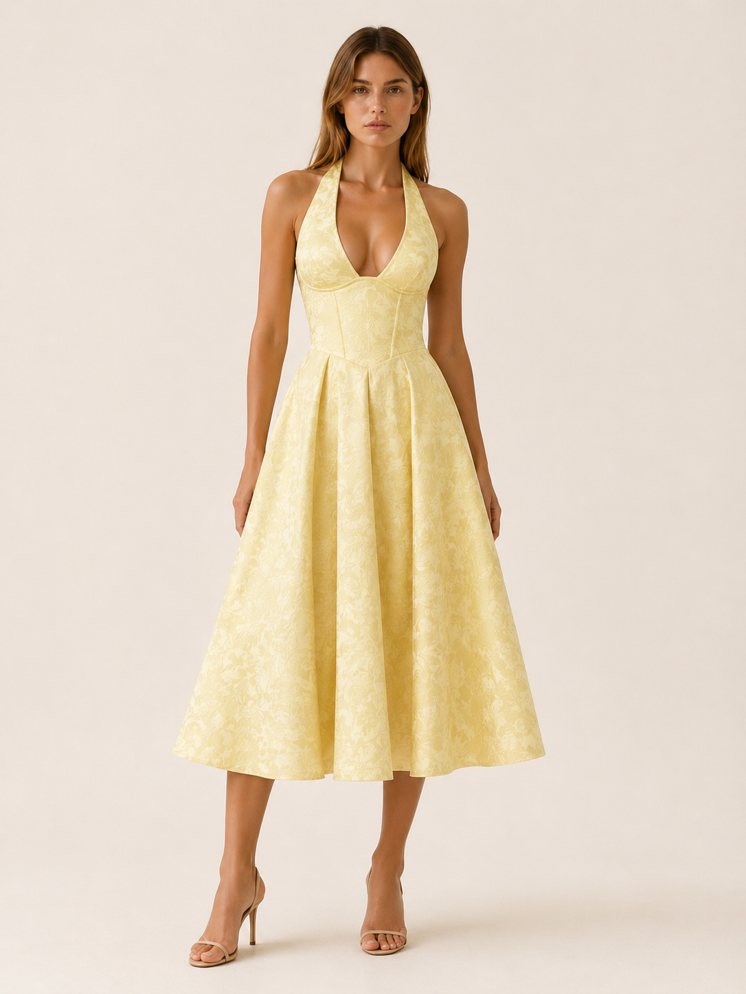 Women's Halter Neck Midi Dress – Corset Bodice & A-Line Skirt