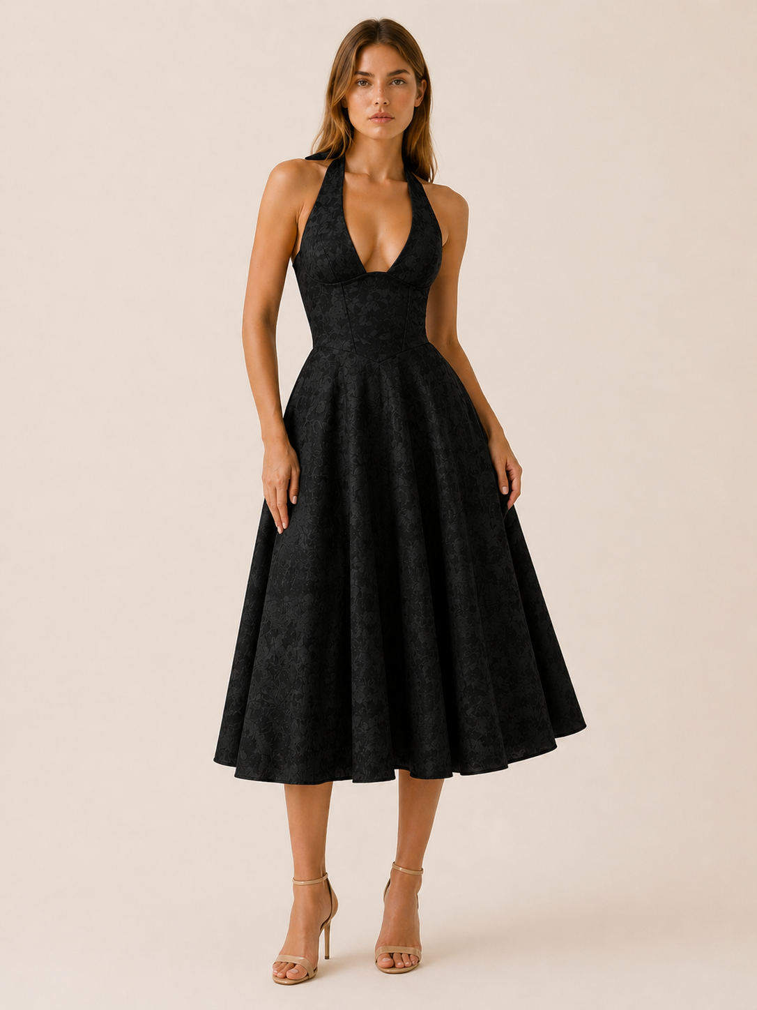 Women's Halter Neck Midi Dress – Corset Bodice & A-Line Skirt