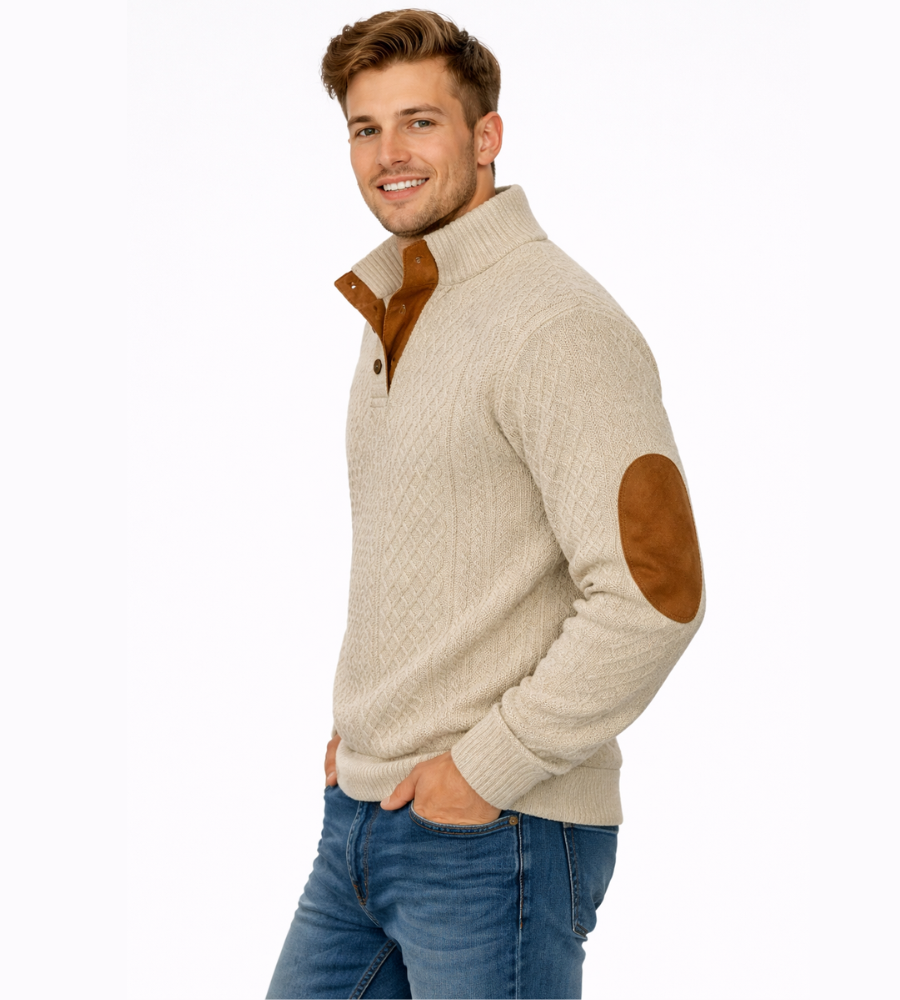 Men's Cable Knit Jumper – High Collar with Elbow Patches