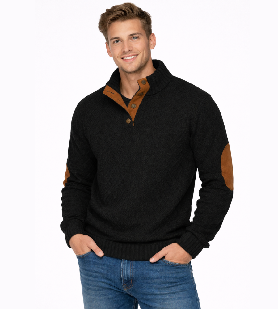 Men's Cable Knit Jumper – High Collar with Elbow Patches