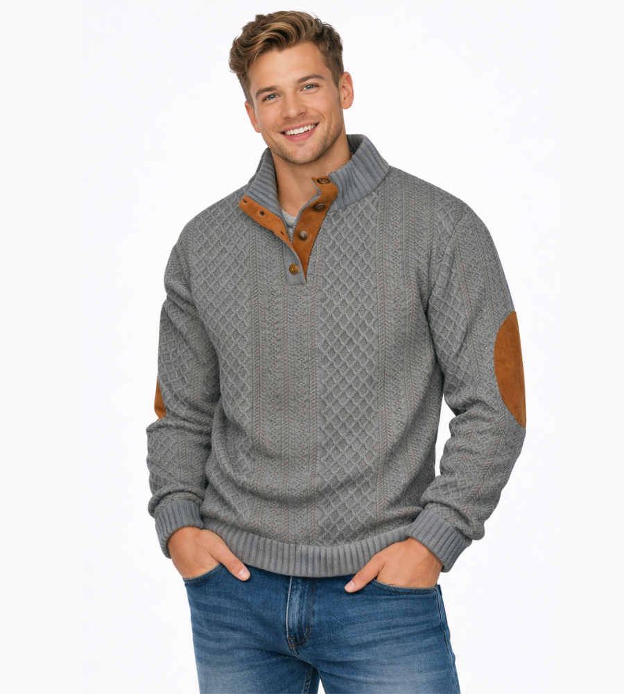 Men's Cable Knit Jumper – High Collar with Elbow Patches