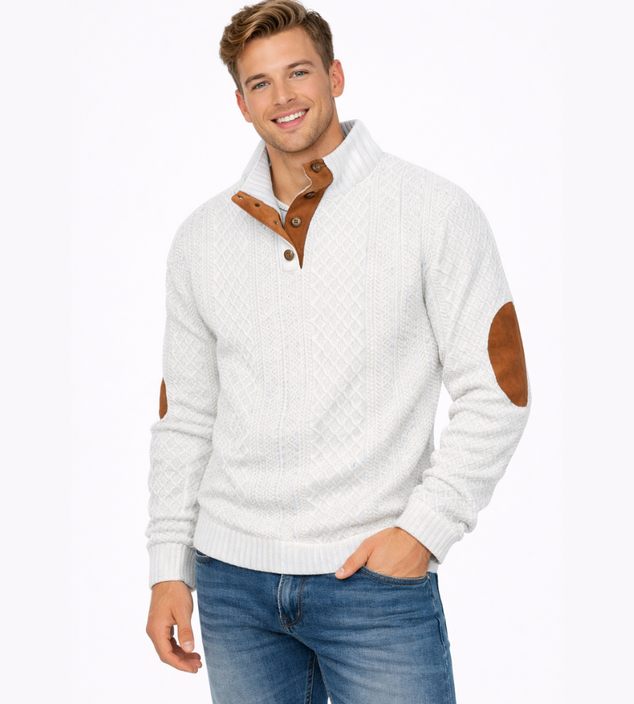 Men's Cable Knit Jumper – High Collar with Elbow Patches