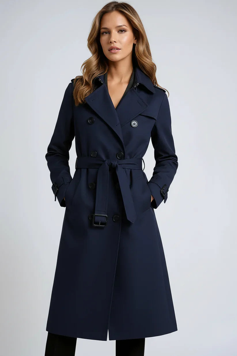 Women's Long Double-Breasted Trench Coat - Classic Tailored Style