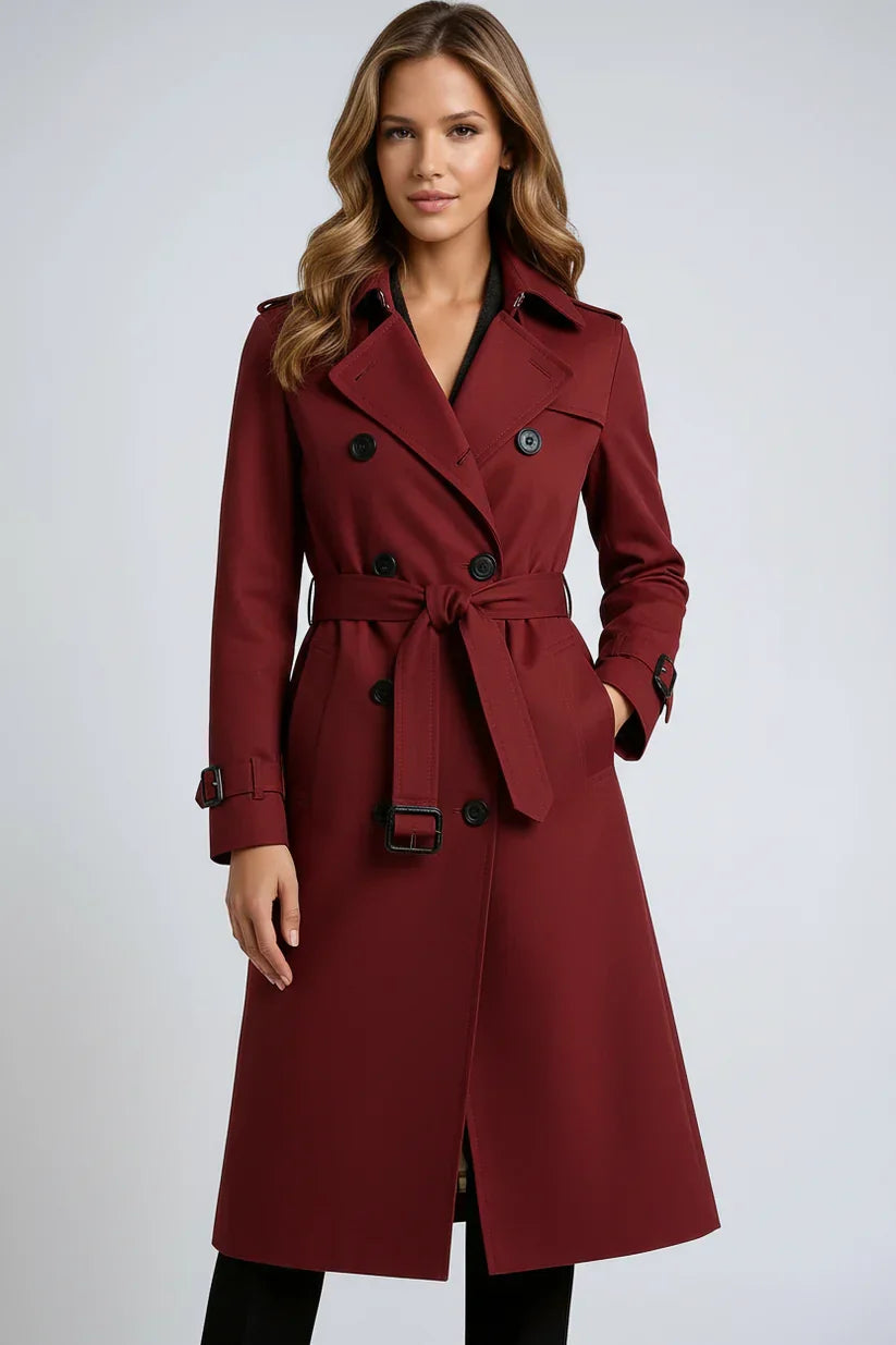 Women's Long Double-Breasted Trench Coat - Classic Tailored Style