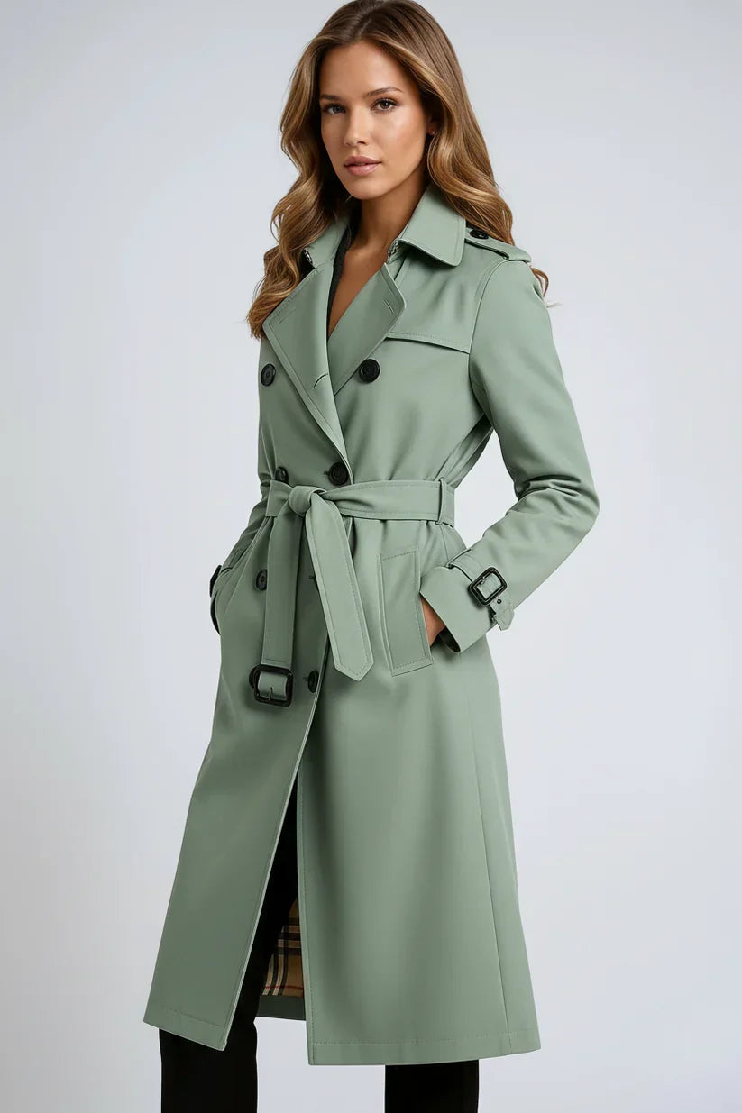 Women's Long Double-Breasted Trench Coat - Classic Tailored Style
