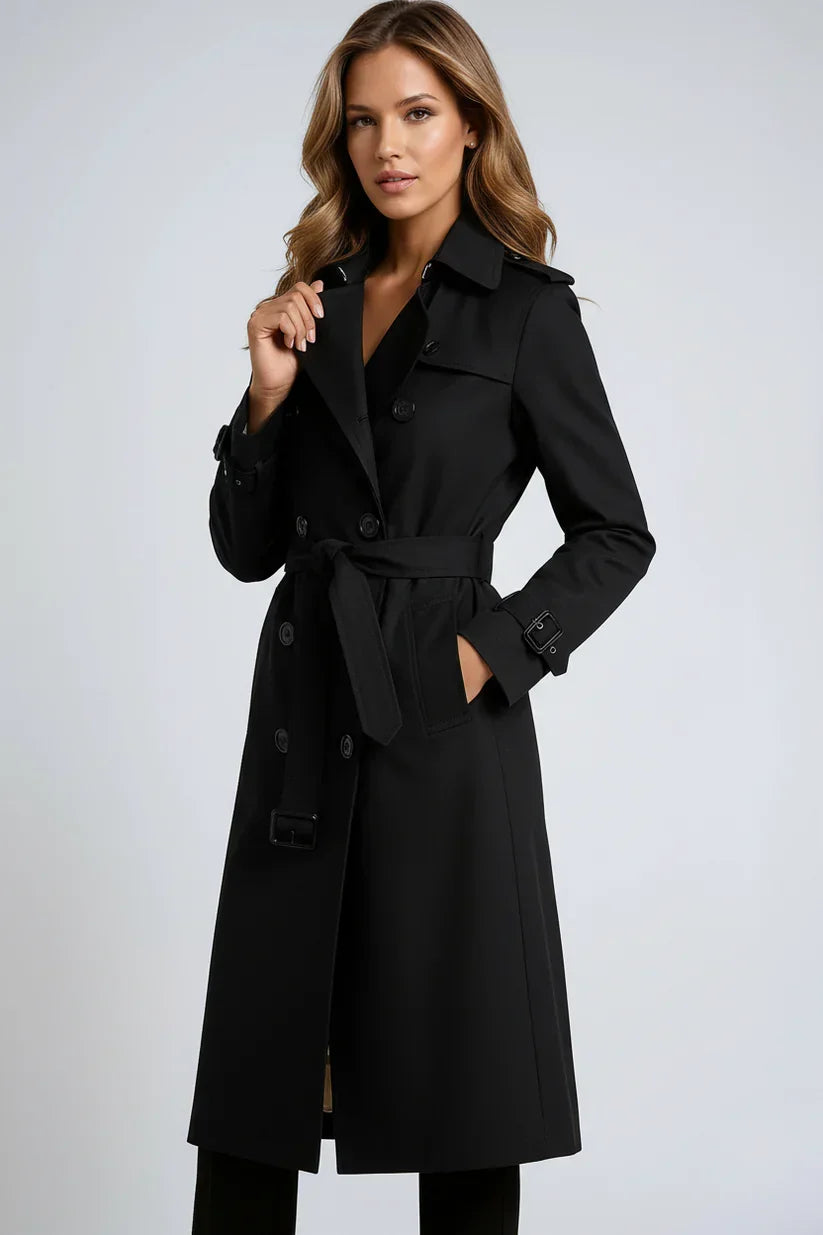 Women's Long Double-Breasted Trench Coat - Classic Tailored Style