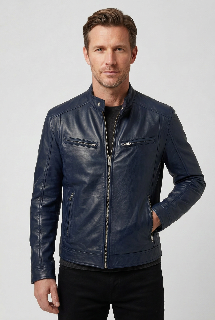 Men’s Jacket | Leather Look with Multiple Zip Pockets