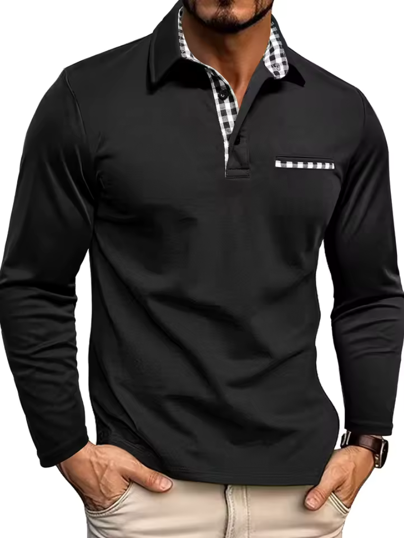 Men's Long Sleeve Polo Shirt – Contrast Check Detail