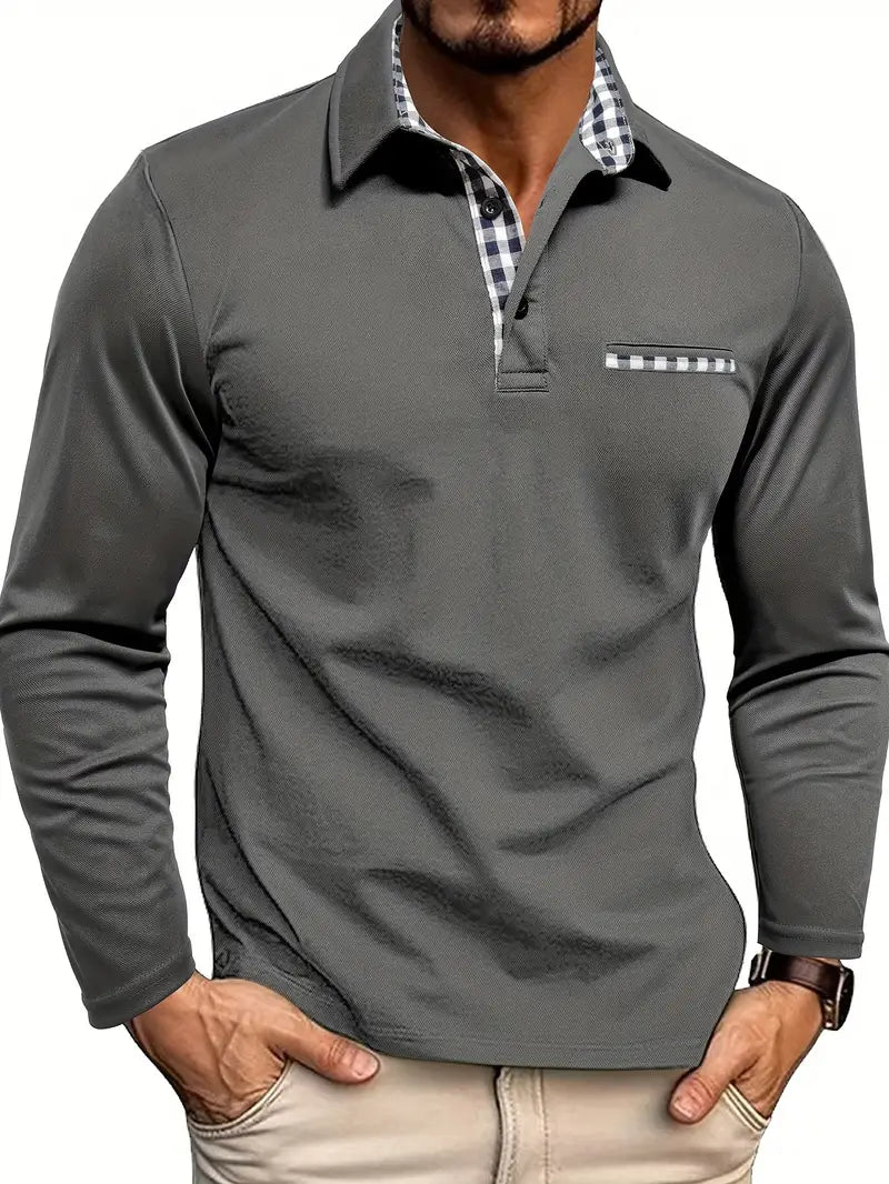 Men's Long Sleeve Polo Shirt – Contrast Check Detail