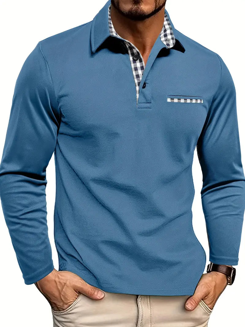Men's Long Sleeve Polo Shirt – Contrast Check Detail