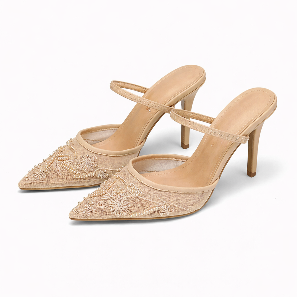 Women’s Embroidered Mesh Mule Heels – Floral Detail, Elegant Pointed Toe