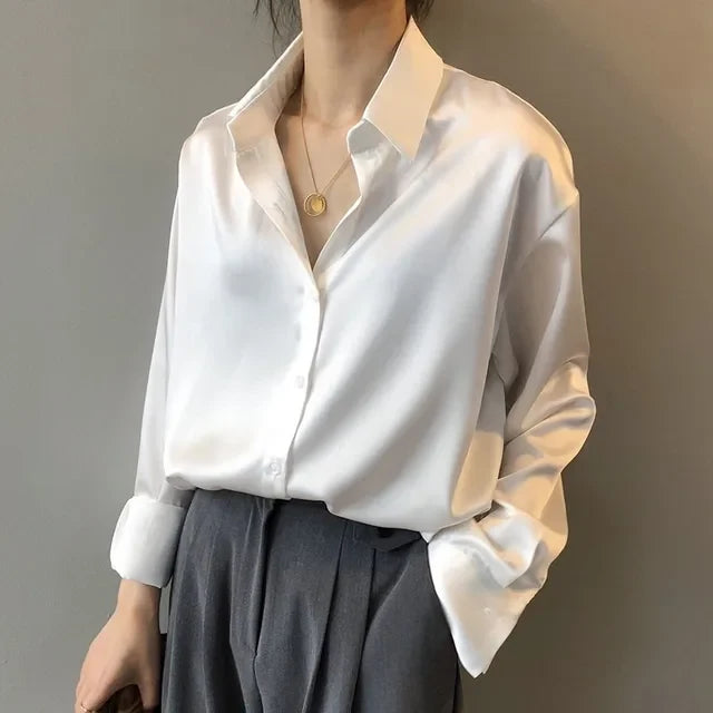 Women’s Satin Long Sleeve Collared Blouse