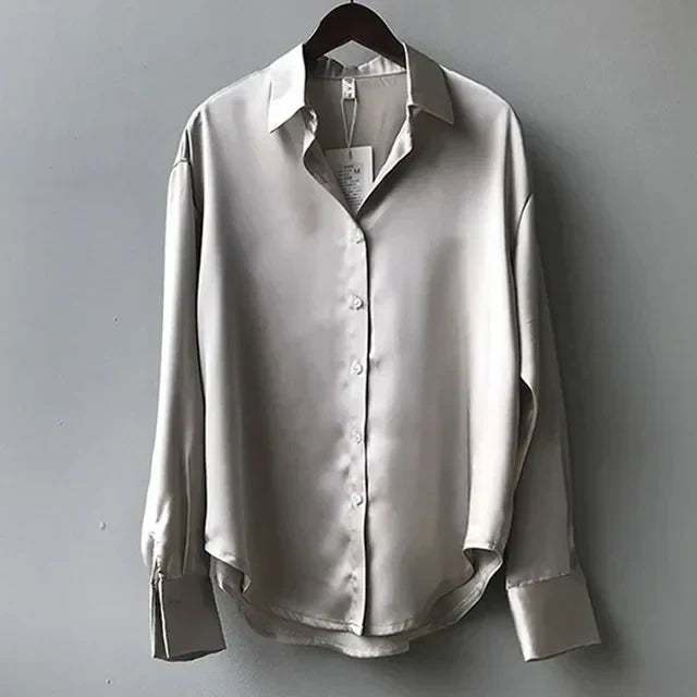 Women’s Satin Long Sleeve Collared Blouse