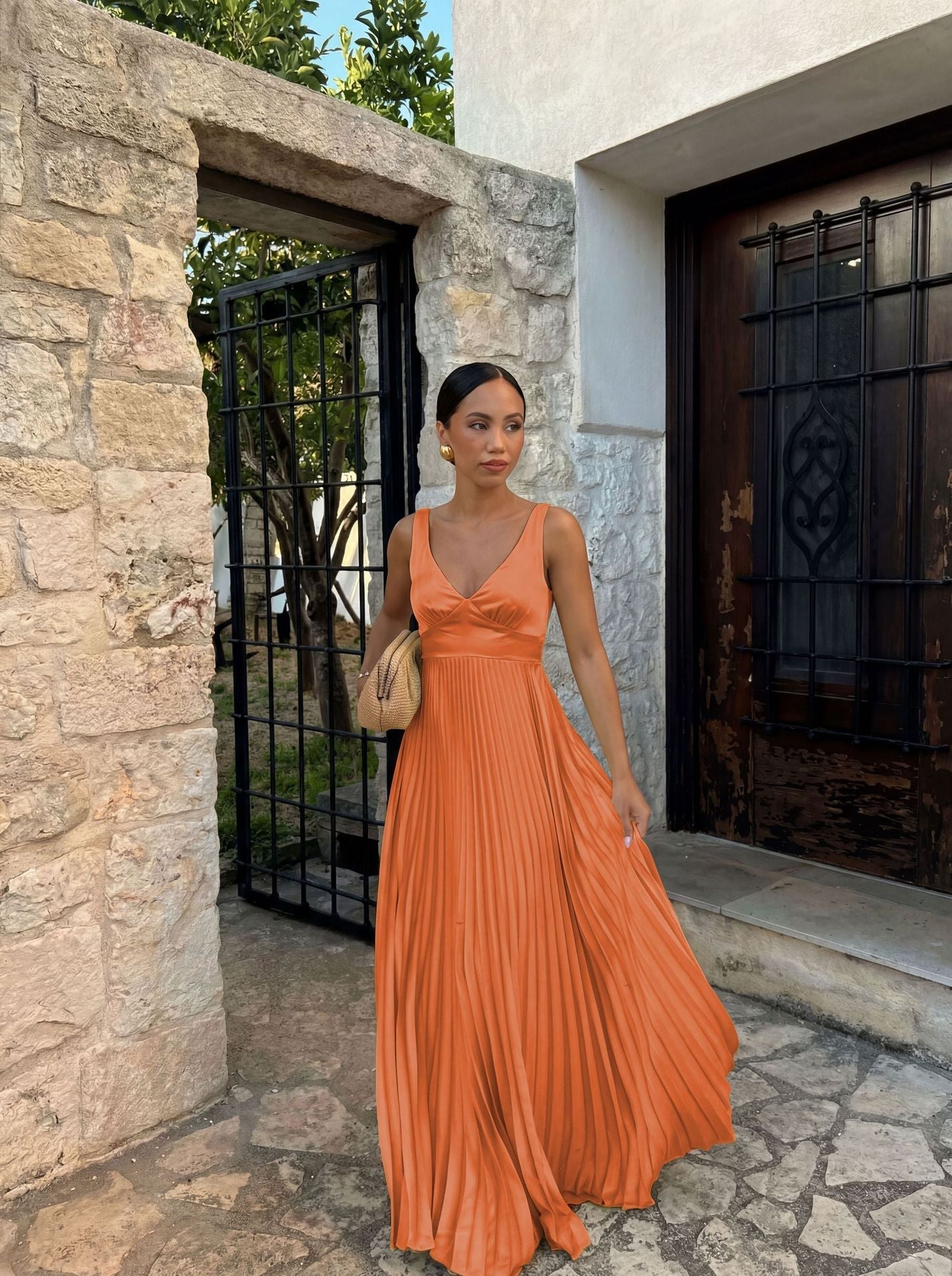 Wedding Guest Pleated Maxi Dress with V-Neck for Women