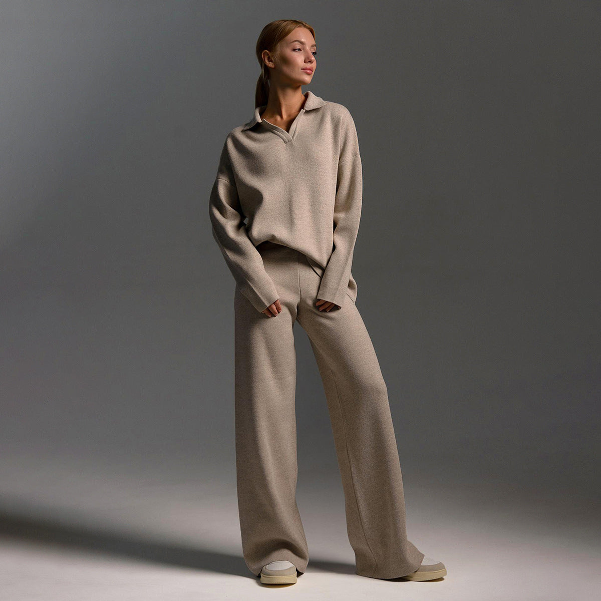 Women’s Knitted Two-Piece Set – Polo Jumper Wide Leg Trousers