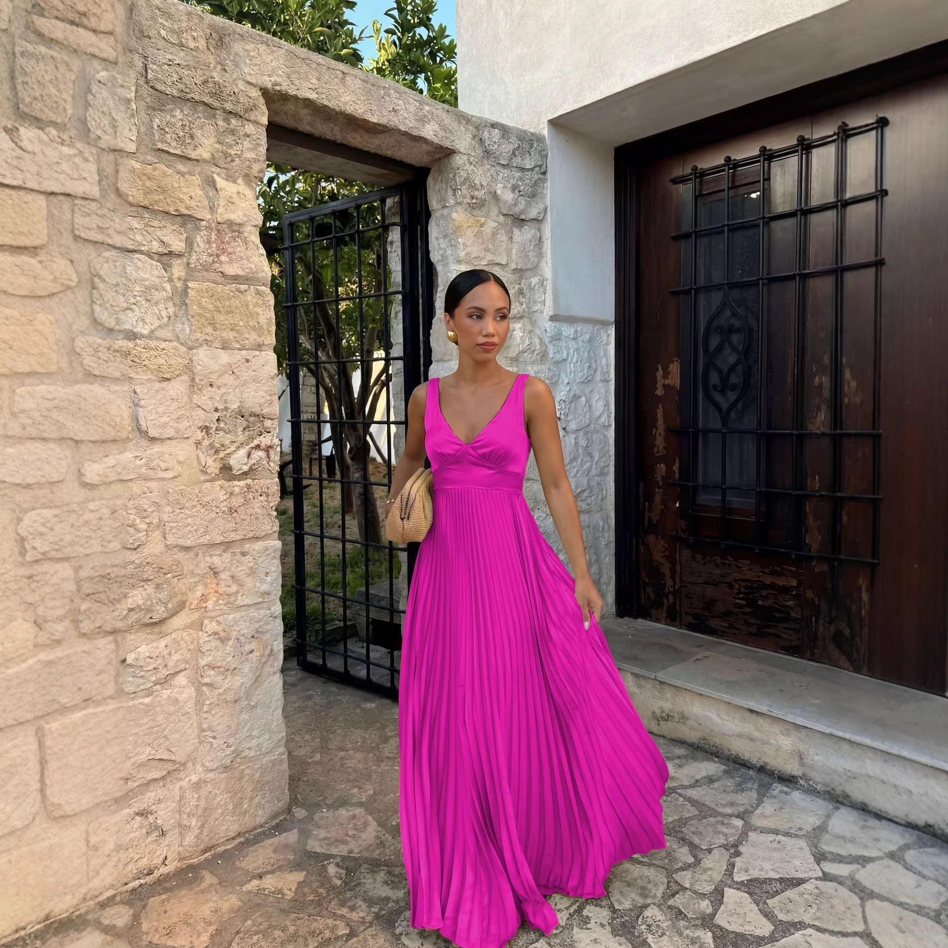 Wedding Guest Pleated Maxi Dress with V-Neck for Women