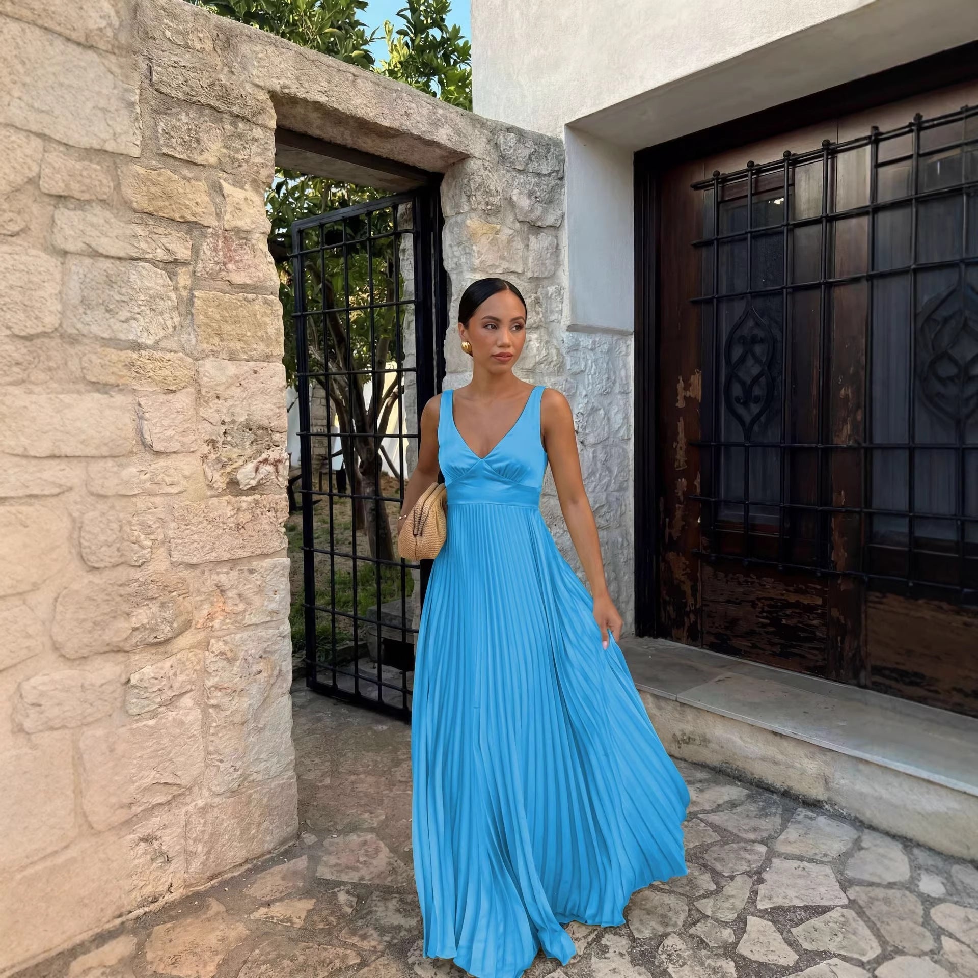 Wedding Guest Pleated Maxi Dress with V-Neck for Women