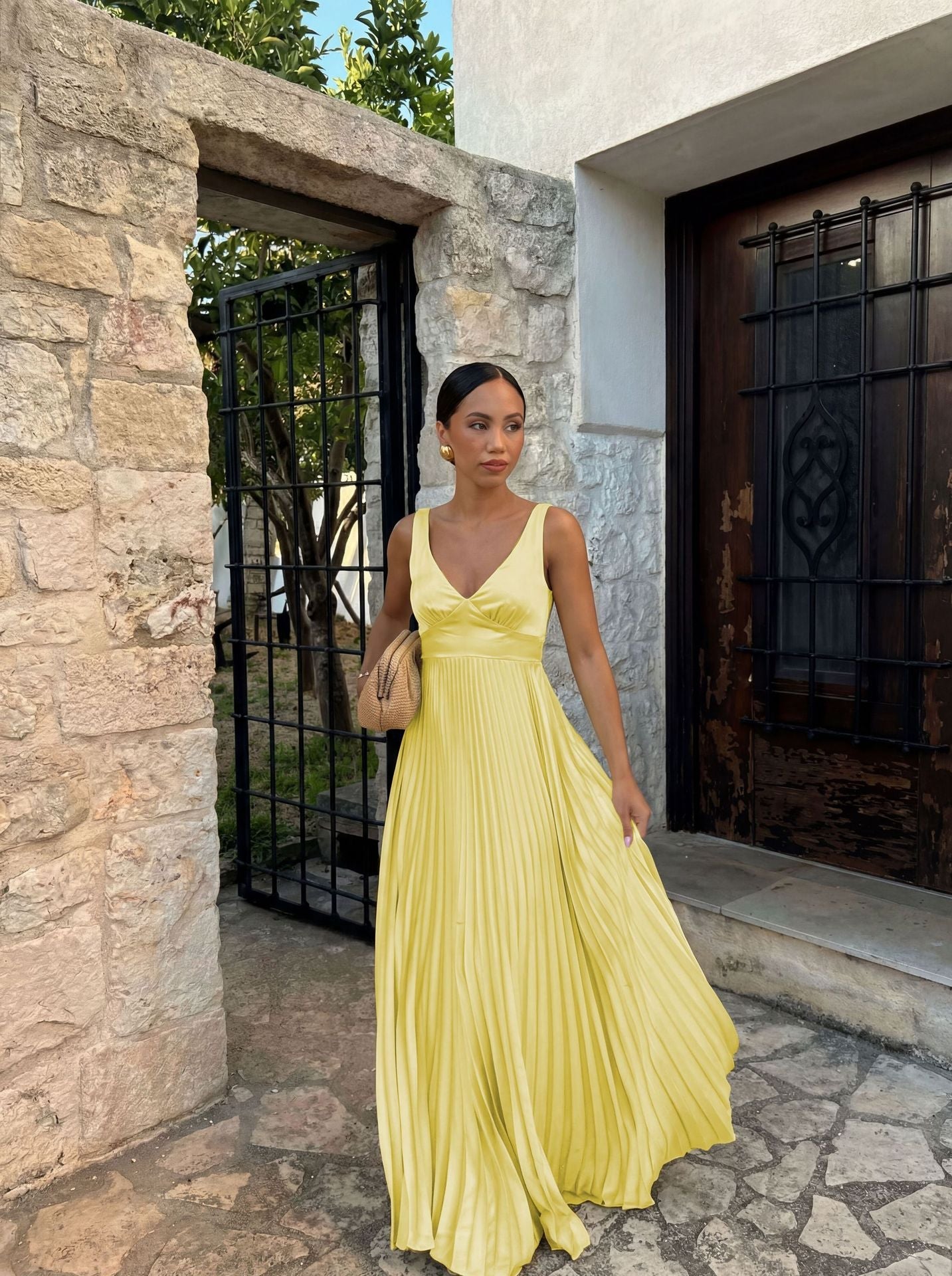 Wedding Guest Pleated Maxi Dress with V-Neck for Women