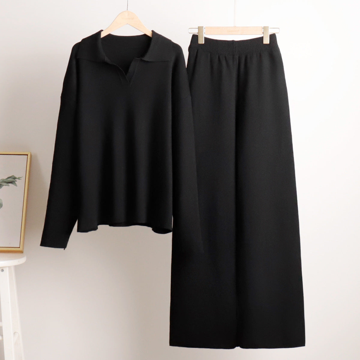 Women’s Knitted Two-Piece Set – Polo Jumper Wide Leg Trousers