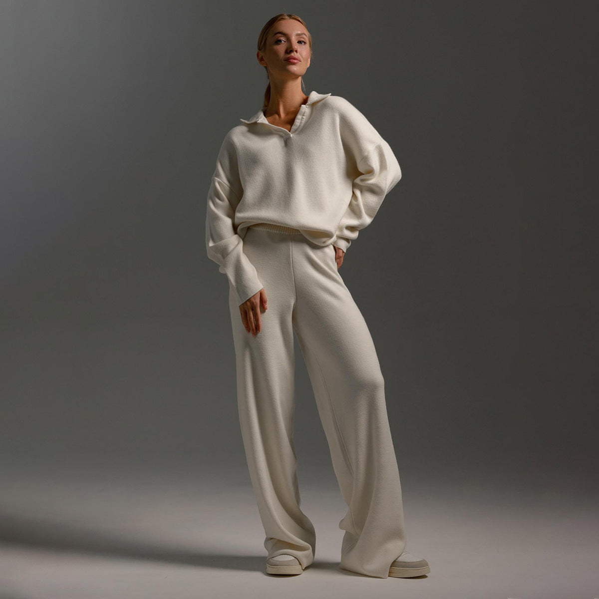 Women’s Knitted Two-Piece Set – Polo Jumper Wide Leg Trousers