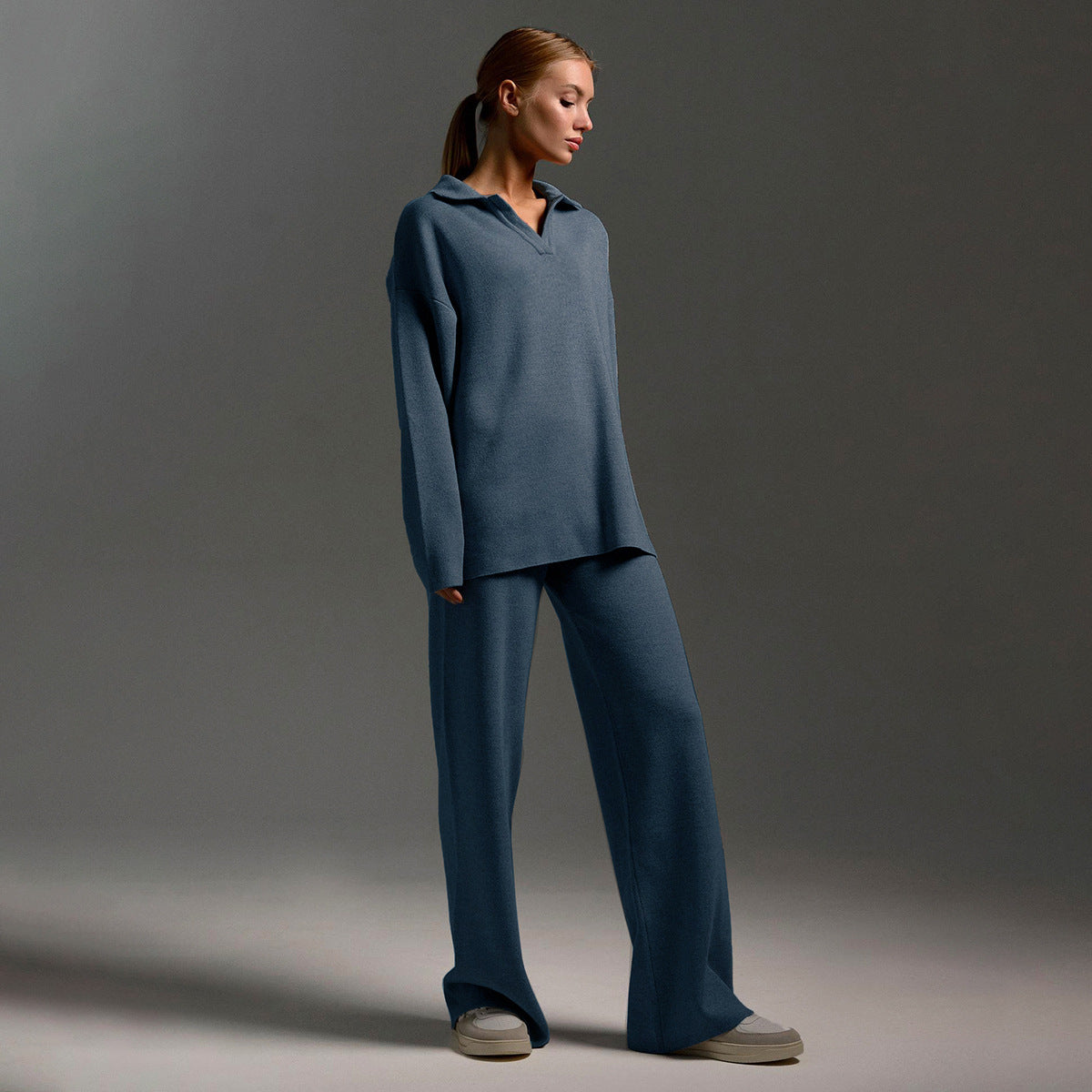 Women’s Knitted Two-Piece Set – Polo Jumper Wide Leg Trousers