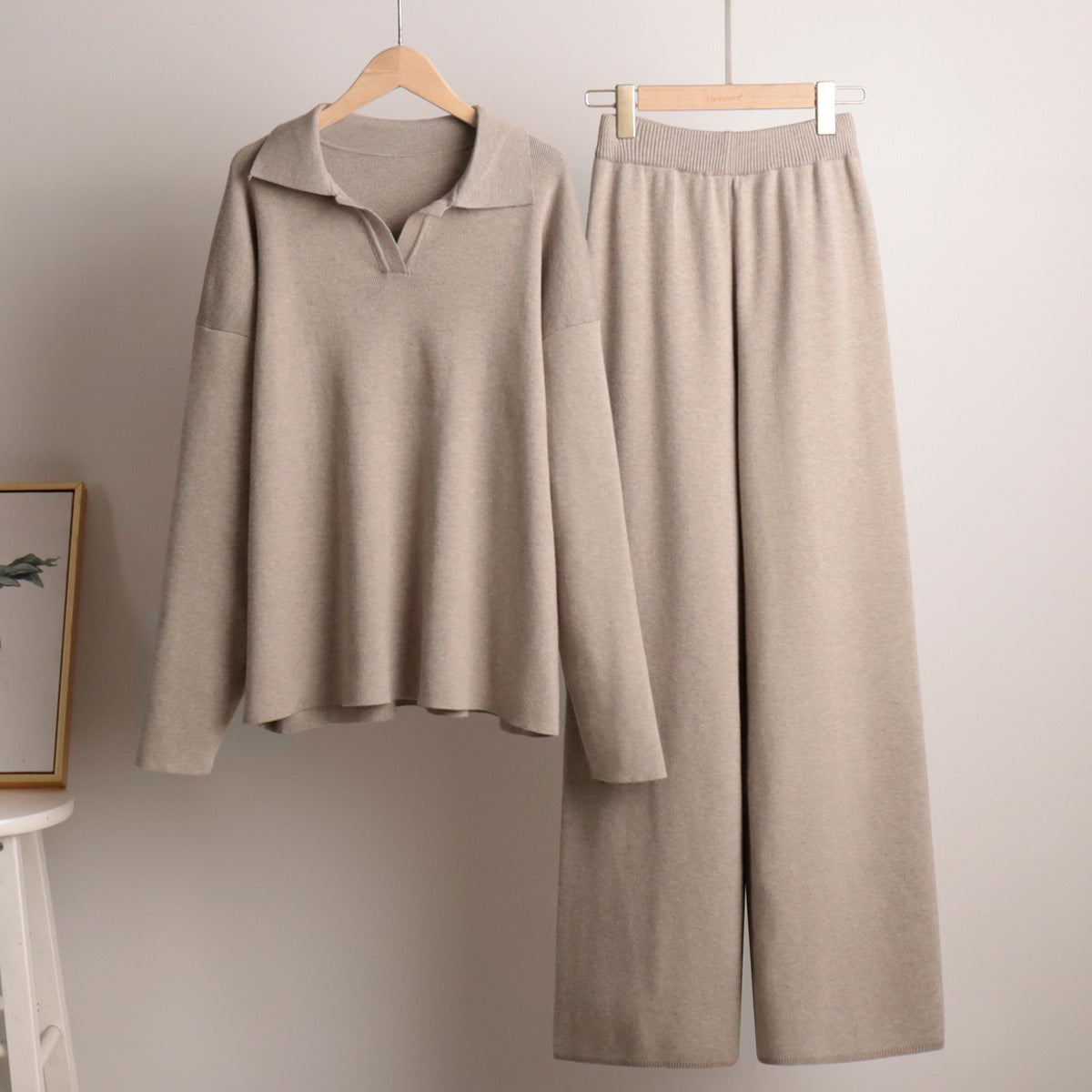 Women’s Knitted Two-Piece Set – Polo Jumper Wide Leg Trousers