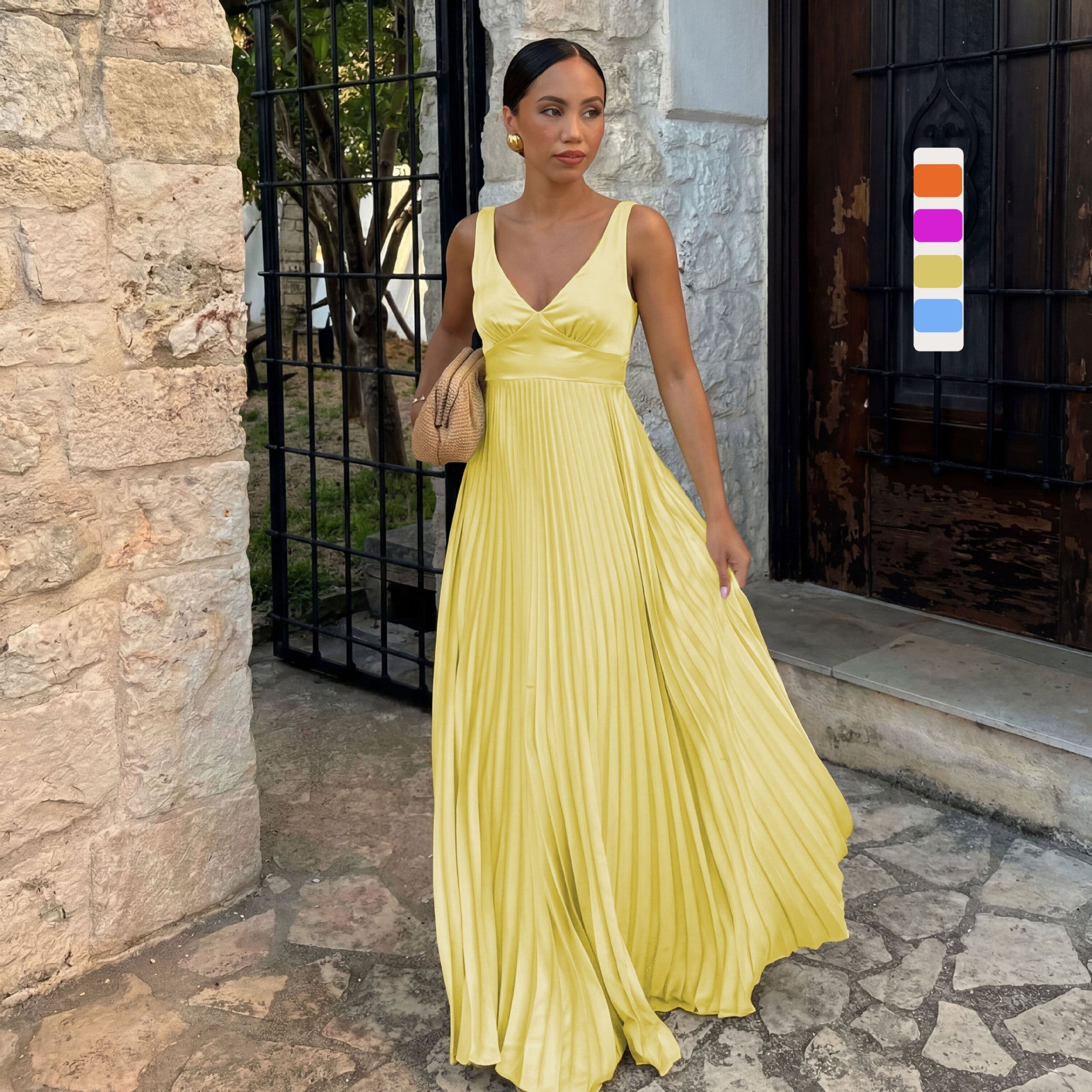 Wedding Guest Pleated Maxi Dress with V-Neck for Women