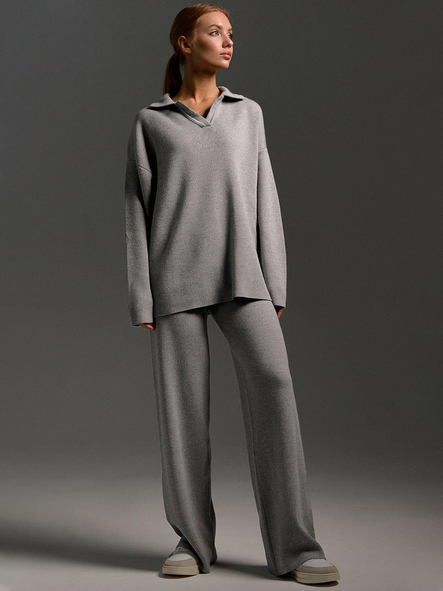 Women’s Knitted Two-Piece Set – Polo Jumper Wide Leg Trousers