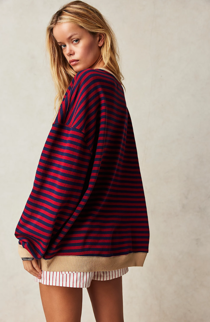 Women's Oversized Striped Sweatshirt – Contrast Trim Relaxed Fit