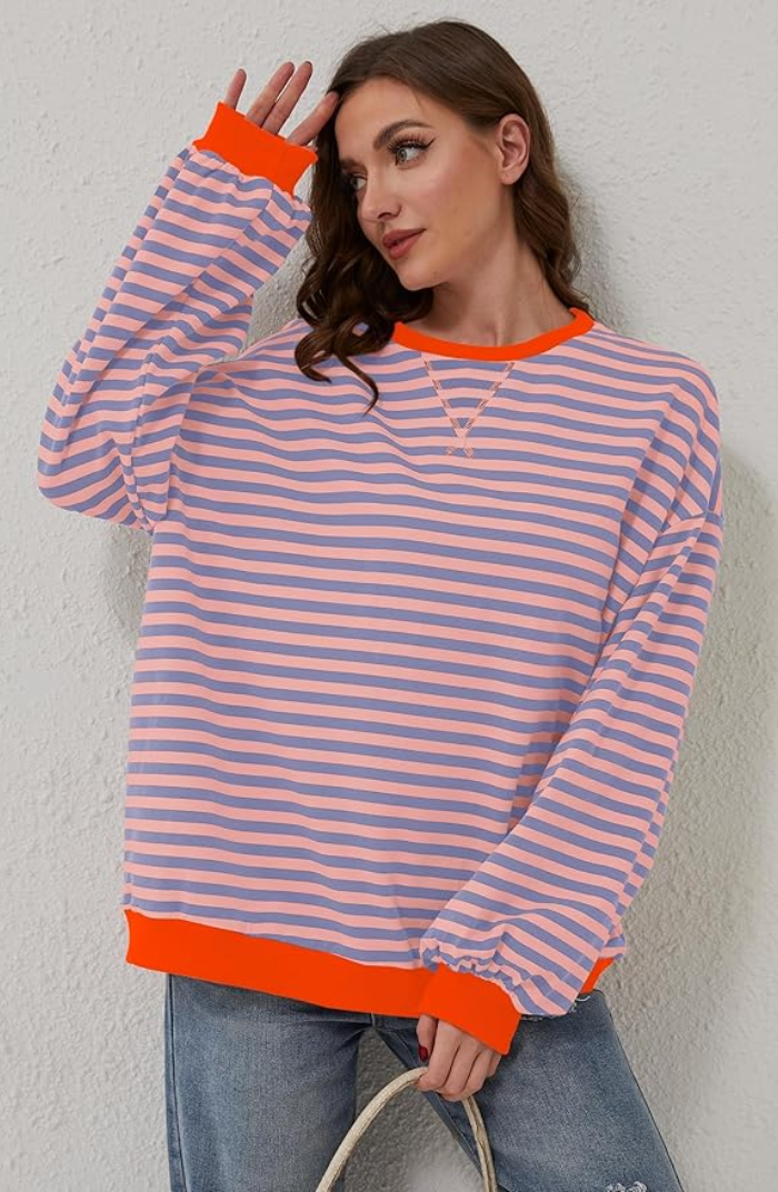 Women's Oversized Striped Sweatshirt – Contrast Trim Relaxed Fit