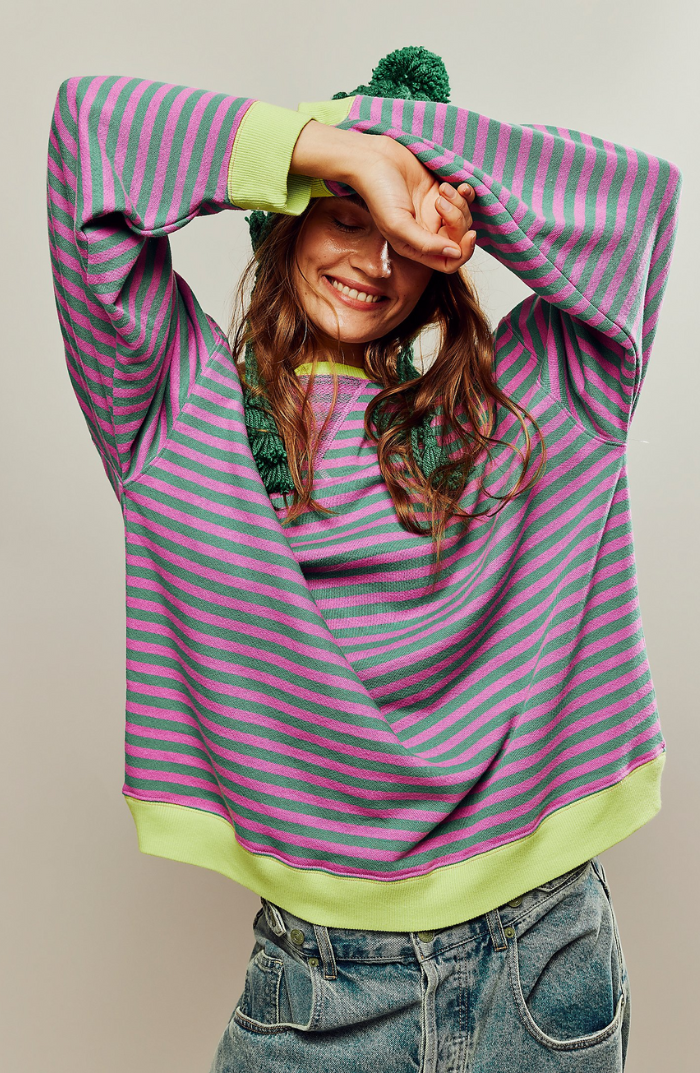 Women's Oversized Striped Sweatshirt – Contrast Trim Relaxed Fit