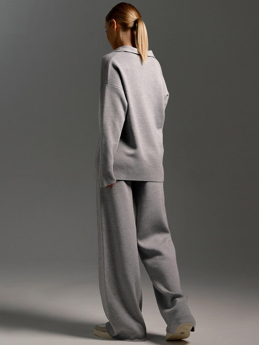 Women’s Knitted Two-Piece Set – Polo Jumper Wide Leg Trousers